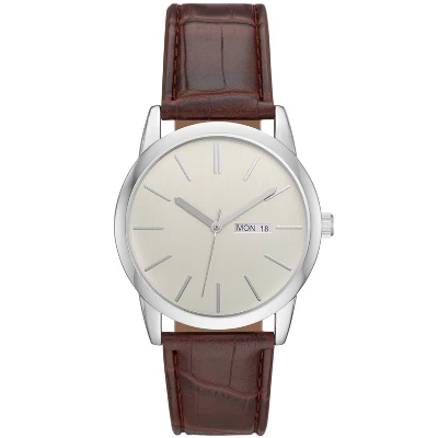 Men's Classic Day/Date Strap Watch - Goodfellow & Co™ Silver/Brown 3 Men's Classic Day/Date Strap Watch - Goodfellow & Co™ Silver/Brown